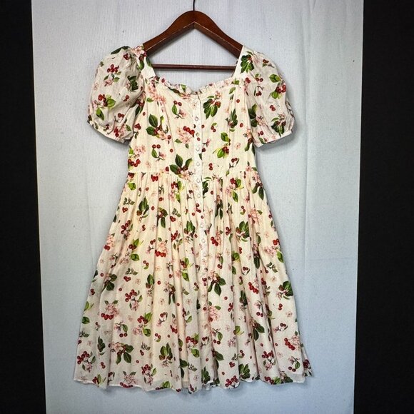 JESSAKAE Orchard Cherry Blossom Cream Short Puff Sleeve Midi Dress Plus XXL - Picture 2 of 16